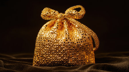 This stunning golden gift bag showcases a shimmering mesh fabric design, perfect for adding elegance to any festive occasion or celebratory event.の素材