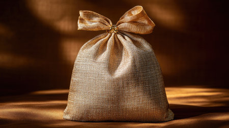 An elegant golden pouch adorned with a delicate bow, resting on a warm textured background, perfect for gift presentation and enhancing any special occasion.の素材