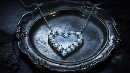 This captivating image features a heart-shaped silver necklace adorned with clear gemstones, elegantly placed on an ornate serving tray, showcasing beauty and luxury.の素材
