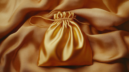 This image features an elegant golden fabric bag resting on a silky smooth backdrop. The rich texture and soft drape create a luxurious presentation, ideal for various design projects.の素材
