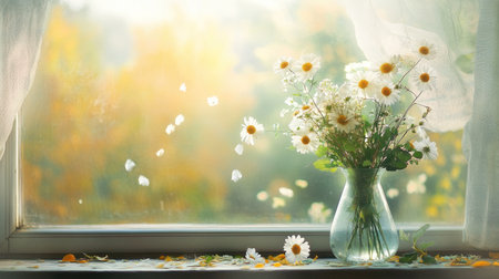 A delightful floral arrangement of daisies and wildflowers sits gracefully in a glass vase on a sunlit windowsill, capturing the essence of summer and peace.の素材