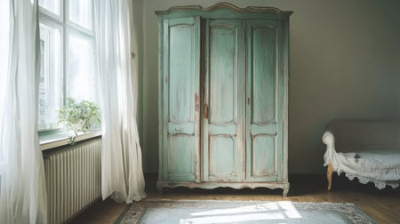 A vintage wooden wardrobe stands gracefully in a softly lit interior, complemented by a cozy sofa and flowing curtains, creating a serene and inviting atmosphere.の素材