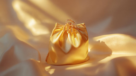 This image features an elegant golden satin pouch with intricate drawstring resting on soft golden fabric, ideal for luxury occasions and gifting themes.の素材
