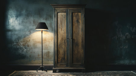 This image features a beautifully crafted wooden wardrobe paired with a minimalist floor lamp, creating an inviting and artistic atmosphere in a dimly lit room.の素材