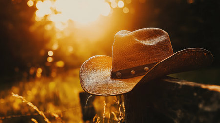 A rustic cowboy hat sits on a wooden fence, illuminated by the warm glow of a beautiful sunset, evoking themes of tranquility and rural charm in nature.の素材