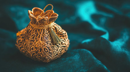 This stunning golden silk pouch showcases intricate designs, perfect for elegant gift presentations or as a decorative accessory. The rich teal background enhances its luxurious appeal, making it an ideal choice for special occasions.の素材