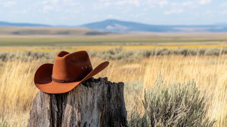 A rustic brown cowboy hat lies atop a weathered tree stump, set against the expansive prairie landscape. This scene captures the essence of western adventures.の素材