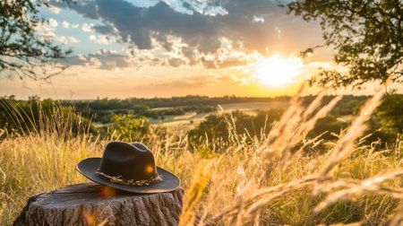 A charming scene featuring a cowboy hat resting on a log amid tall grass. The sunset casts a warm glow over the landscape, creating a serene atmosphere.の素材