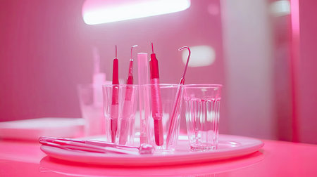 A vibrant and modern dental setup showcasing various instruments and tools on a tray, illuminated by soft pink light, ideal for dental procedures.の素材