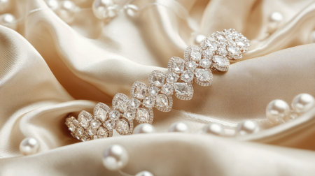This elegant gold bracelet adorned with sparkling stones rests on luxurious satin fabric, surrounded by delicate pearls, showcasing timeless beauty and craftsmanship.の素材
