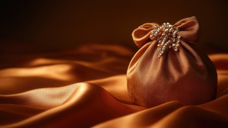 This image showcases an elegant satin pouch with a decorative bow, beautifully positioned on rich golden fabric, ideal for gifts and special events.の素材