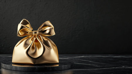 This stunning golden gift bag features a delicate bow, perfectly placed on a dark stone surface, ideal for capturing the essence of luxury and celebration.の素材