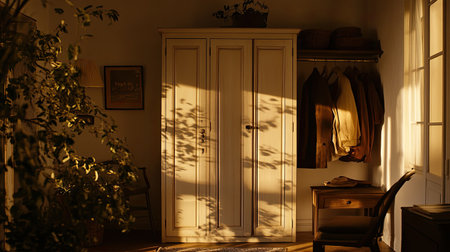 A warm and inviting indoor space with soft sunlight creating beautiful shadows. The vintage wardrobe, hanging garments, and cozy decor enhance a serene atmosphere perfect for relaxation.の素材