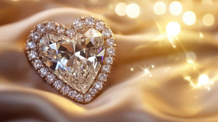 An exquisite heart-shaped diamond rests gracefully on luxurious silk, surrounded by soft glowing highlights and sparkling effects, embodying elegance and romance.の素材
