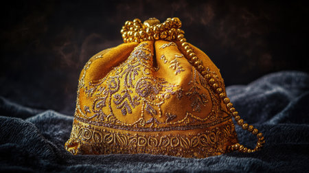 This captivating image features a luxurious golden silk pouch adorned with intricate embroidery, resting elegantly on a dark velvet background.の素材