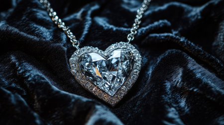 A stunning heart-shaped diamond pendant elegantly placed on a luxurious velvet background, showcasing the intricate design and sparkle that defines fine jewelry.の素材