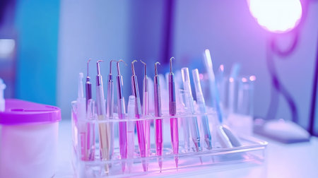 This image captures a vibrant setup of dental instruments arranged professionally in a modern clinical environment, illuminated by soft purple lighting.の素材