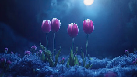 A captivating scene featuring delicate pink tulips standing tall amidst lush foliage, illuminated by the gentle glow of moonlight, evoking tranquility.の素材