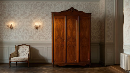 A striking wooden wardrobe stands in a beautifully styled interior with delicate wallpaper and vintage chair, showcasing timeless design and elegance.の素材