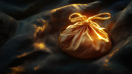 A beautifully illuminated gold pouch rests on dark fabric, showcasing intricate textures and delicate light reflections, evoking a sense of mystery and luxury.の素材