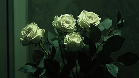 A stunning arrangement of white roses accentuated by soft green lighting, highlighting the delicate petals and rich foliage, perfect for a serene atmosphere.の素材