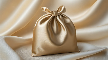 A beautifully crafted golden satin pouch bag showcases elegance and luxury, perfectly complementing any decorative theme or gift presentation.の素材