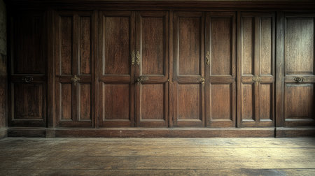 A captivating view of vintage wooden cabinets with intricate paneling set against rich oak flooring, creating a warm and historic atmosphere in a room.の素材
