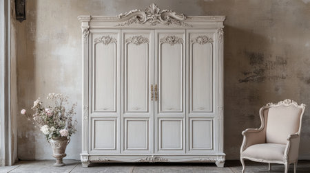 This image showcases an elegant vintage wardrobe with intricate ornate details against a rustic background, complemented by a soft-lit cozy interior setting.の素材