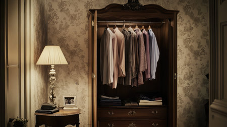 A beautifully organized wardrobe showcasing a selection of shirts in a serene vintage bedroom, accentuated by warm lighting and delicate decor.の素材