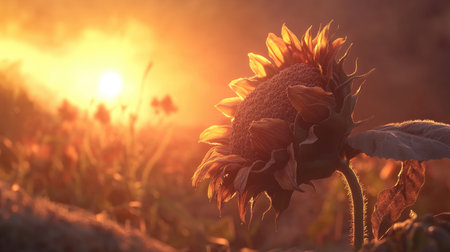 This captivating image features a sunflower basking in warm sunset light, highlighting the intricate details of its petals in a serene natural environment.の素材