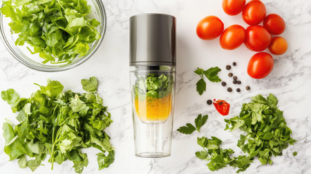 This image showcases fresh ingredients arranged for salad preparation, featuring greens, cherry tomatoes, and a blending container on a marble surface.の素材