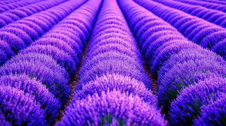 Experience the serene beauty of blooming lavender fields, showcasing vibrant purple rows under a bright blue sky, perfect for relaxation and inspiration.の素材