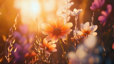 A captivating scene showcasing delicate flowers bathed in warm sunset light. This image reflects the beauty and tranquility of nature in full bloom.の素材