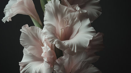 A stunning close-up of elegant pink gladiolus flowers, emphasizing their rich textures and delicate beauty. The soft focus against a dark background creates a serene atmosphere.の素材