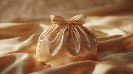 A stunning golden gift bag sits gracefully atop luxurious satin fabric, enhanced by soft lighting. The intricate textures and elegant bow create a captivating and festive atmosphere perfect for celebrations.の素材
