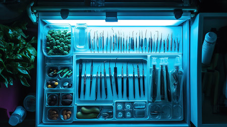 This image showcases an organized dental tray filled with precision dental tools and green herbs, illuminated by bright blue light, conveying professionalism and modernity.の素材