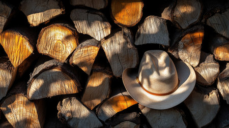 A rustic cowboy hat rests against a beautifully stacked log woodpile, showcasing the interplay of natural light and shadow in a serene outdoor setting.の素材