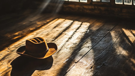 A rustic cowboy hat lies elegantly on a weathered wooden floor, bathed in soft sunlight that creates dramatic shadows, evoking a serene and tranquil atmosphere.の素材