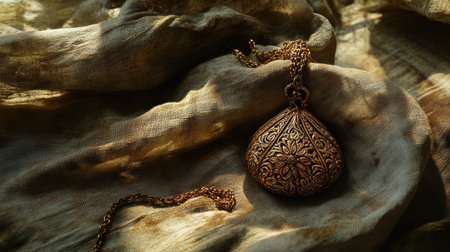 This captivating image features an ornate vintage pendant resting delicately on soft silk fabric, showcasing intricate patterns and warm, natural lighting.の素材
