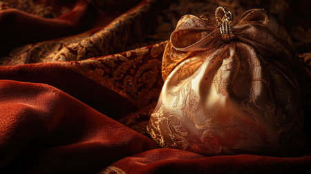 A beautifully crafted satin drawstring pouch rests delicately on a rich fabric surface. The warm tones and intricate textures create a luxurious atmosphere perfect for elegant presentations.の素材
