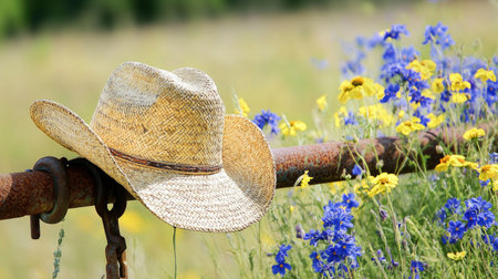 A rustic straw hat rests on an old iron fence surrounded by a vibrant display of wildflowers in sunny colors, evoking a peaceful countryside vibe.の素材