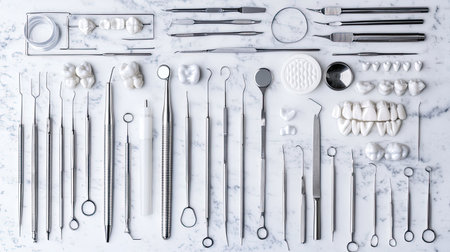 A meticulously arranged collection of dental instruments displayed on a marble background, showcasing various tools for dental examination and care.の素材