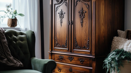 This stunning wooden cabinet features intricate carvings and adds a touch of vintage charm to a cozy living room, creating a warm and inviting atmosphere.の素材