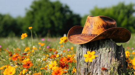 A rustic cowboy hat rests on a weathered stump, surrounded by a vibrant array of wildflowers in a sunny green field. This image captures the essence of outdoor beauty and rural charm, perfect for nature enthusiasts.の素材