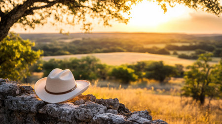A picturesque sunset illuminates the rolling hills as a cowboy hat rests on a rustic stone wall, symbolizing freedom and tranquility in nature.の素材