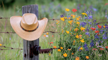 A charming straw hat rests on a rustic fence post beside a colorful display of wildflowers in a lush green field, capturing a serene outdoor moment.の素材