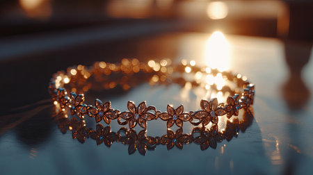 This striking gold crown features delicate floral designs adorned with sparkling gemstones, beautifully reflecting sunlight for a luxurious and enchanting feel.の素材