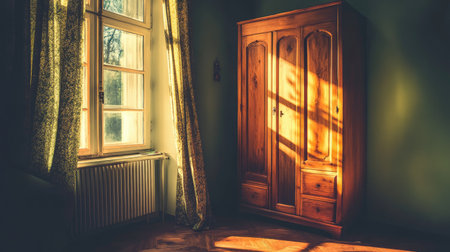 This image captures a serene interior space with a wooden wardrobe bathed in warm sunlight, casting gentle shadows, creating a cozy ambiance.の素材