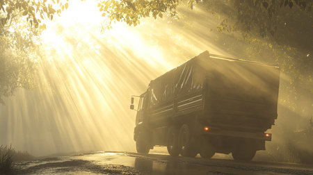 A solitary truck navigates a misty forest road during dawn, as sunlight streams through the trees, creating a serene and mysterious atmosphere.の素材