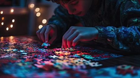 A focused child carefully fits colorful jigsaw puzzle pieces in a cozy evening setting. Soft lights create a warm atmosphere, enhancing the peaceful activity.の素材